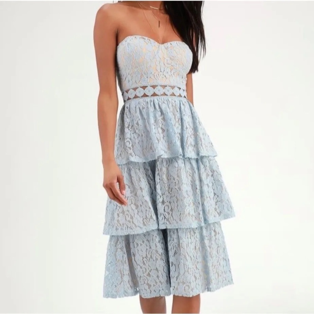 NWT Lulus Adorn Blue Lace Strapless Midi Dress Size XL